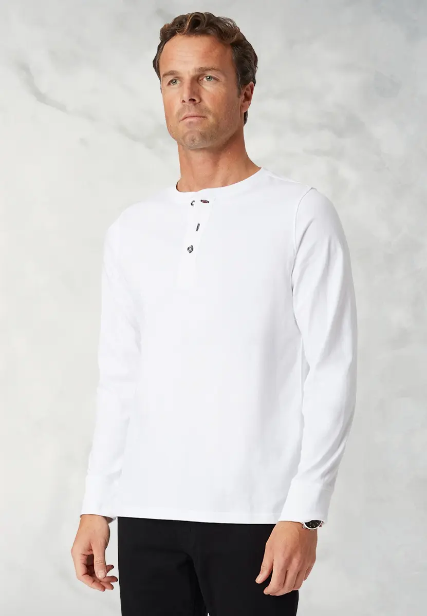 Holkham White Pure Cotton Long Sleeve Henley T-Shirt