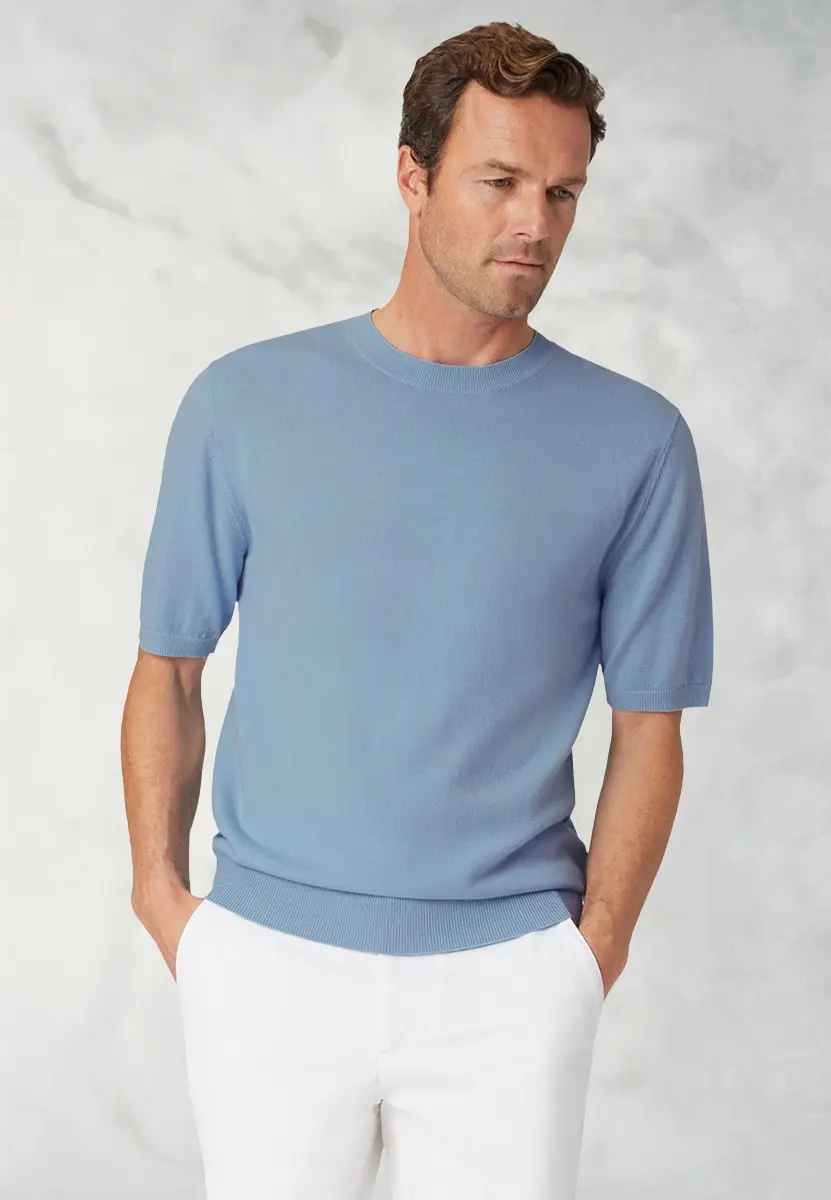 Lewis Sky Blue Merino Wool Half Sleeve Jumper