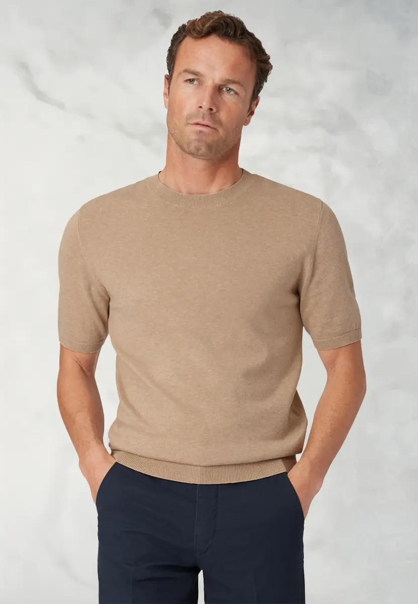 Lewis Sand Merino Wool Half Sleeve Jumper