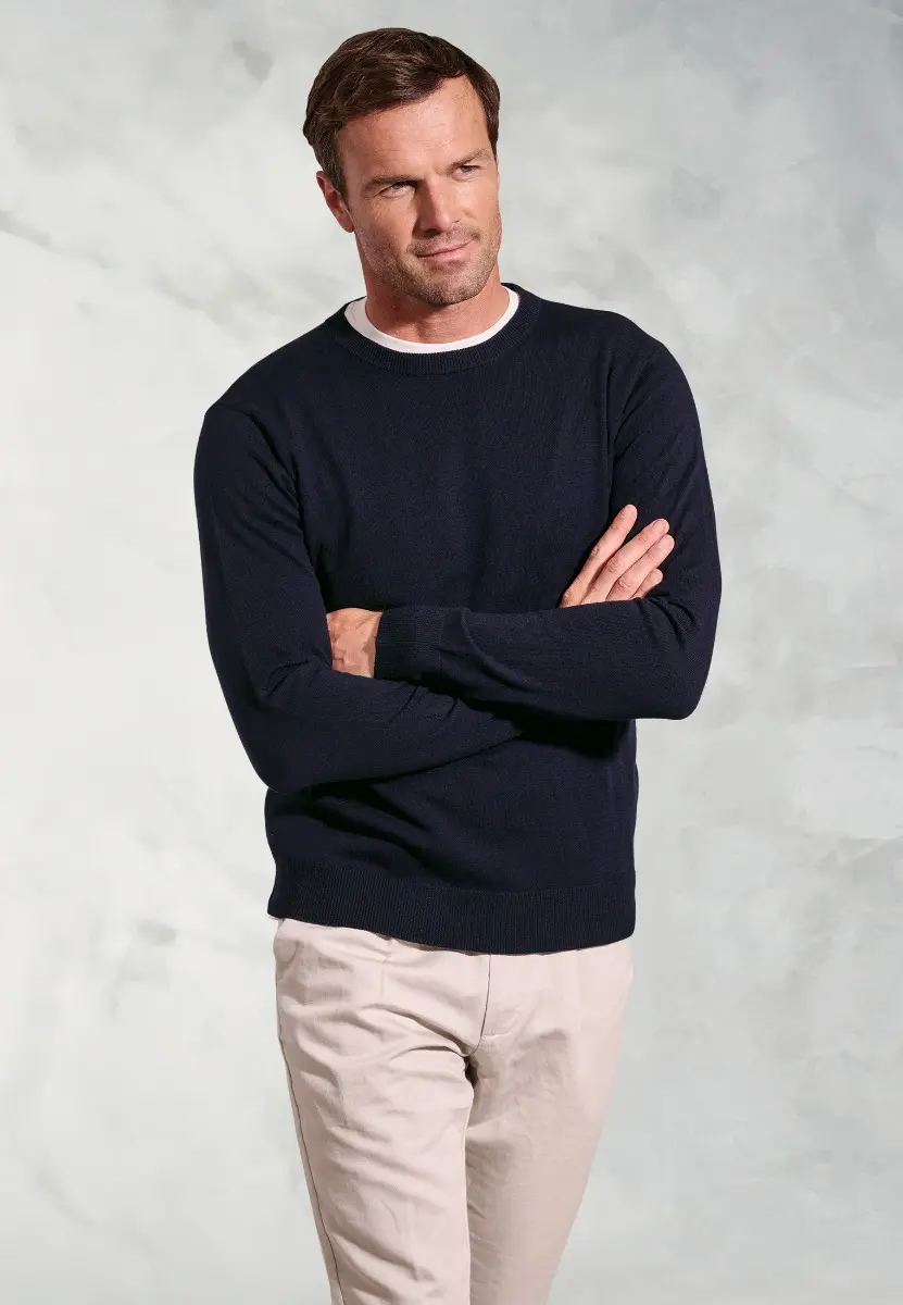 London Navy Cotton Merino Crew Neck Jumper