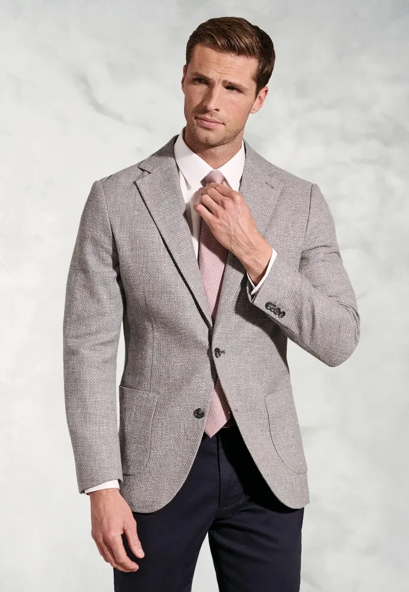 Tailored Fit Lowe Silver Grey Textured Italian Linen Blend Jacket