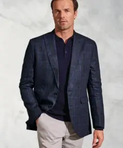 Tailored Fit Pacino Navy Check Pure Linen Peak Lapel Jacket