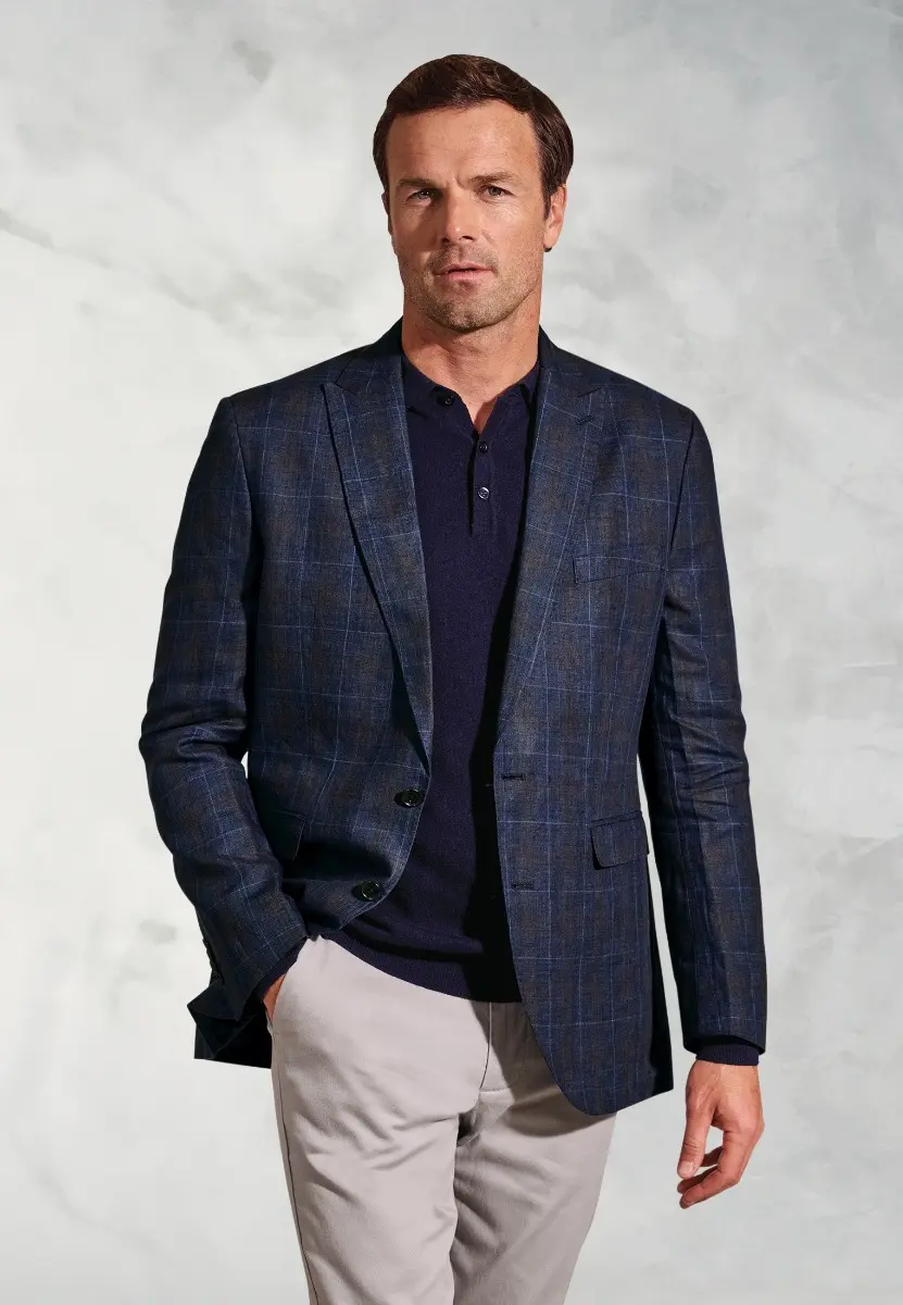 Tailored Fit Pacino Navy Check Pure Linen Peak Lapel Jacket