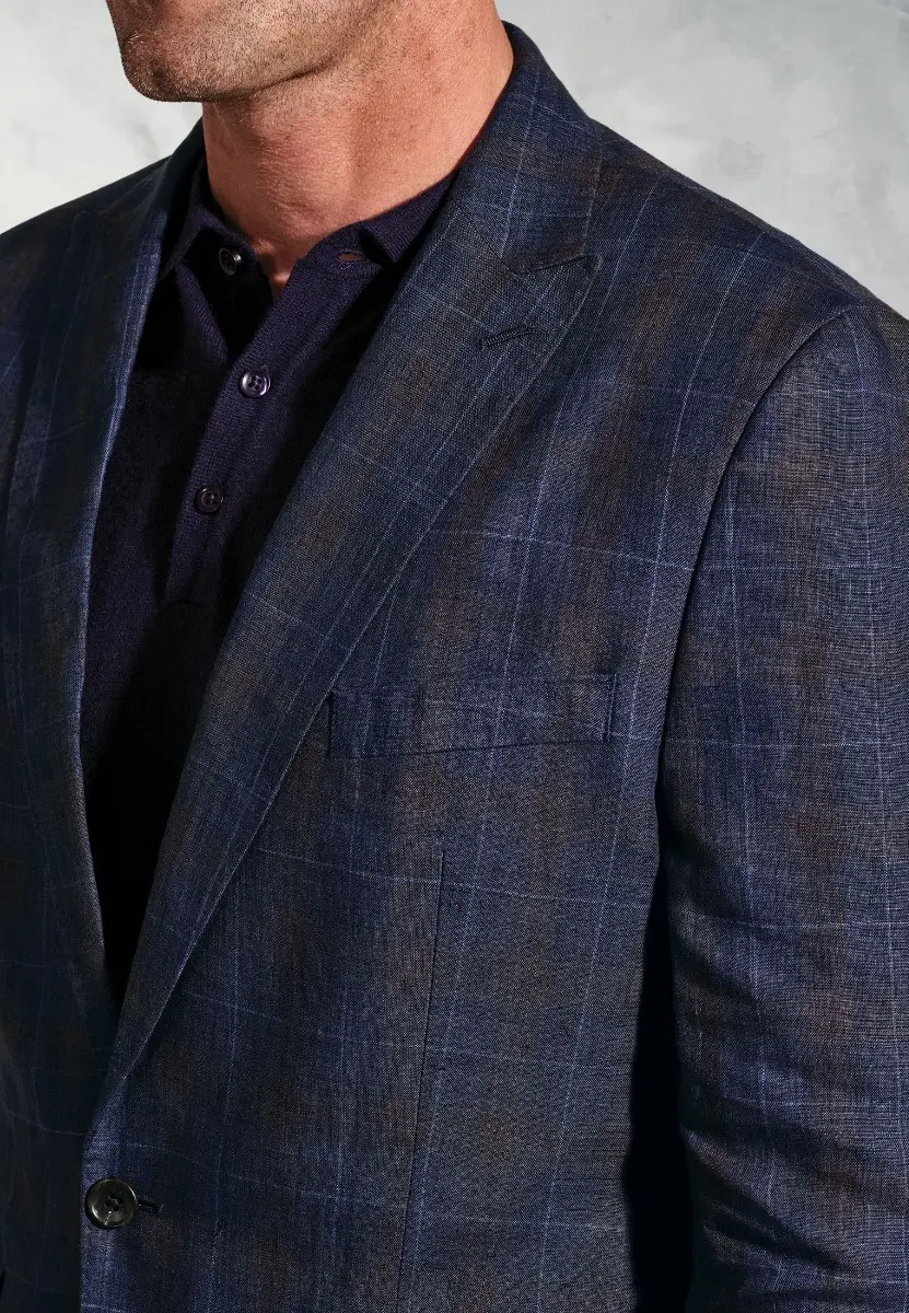 Tailored Fit Pacino Navy Check Pure Linen Peak Lapel Jacket - Image 2