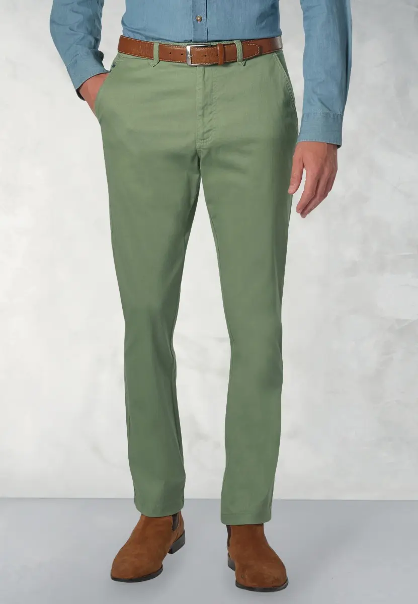 Regular Fit Perry Sage Fine Twill Stretch Cotton Trousers