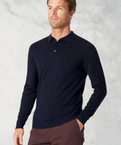 Plockton Navy Merino Wool Long Sleeve Polo Shirt