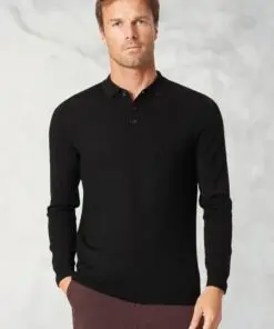 Plockton Black Merino Wool Long Sleeve Polo Shirt