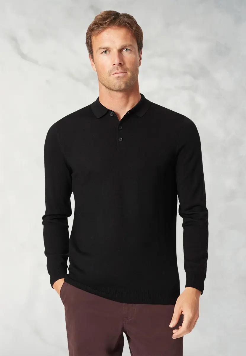 Plockton Black Merino Wool Long Sleeve Polo Shirt