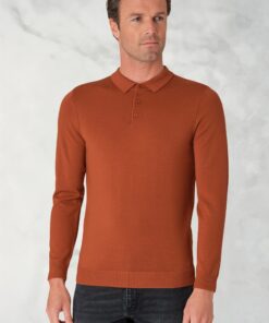 Plockton Burnt Orange Merino Wool Long Sleeve Polo Shirt