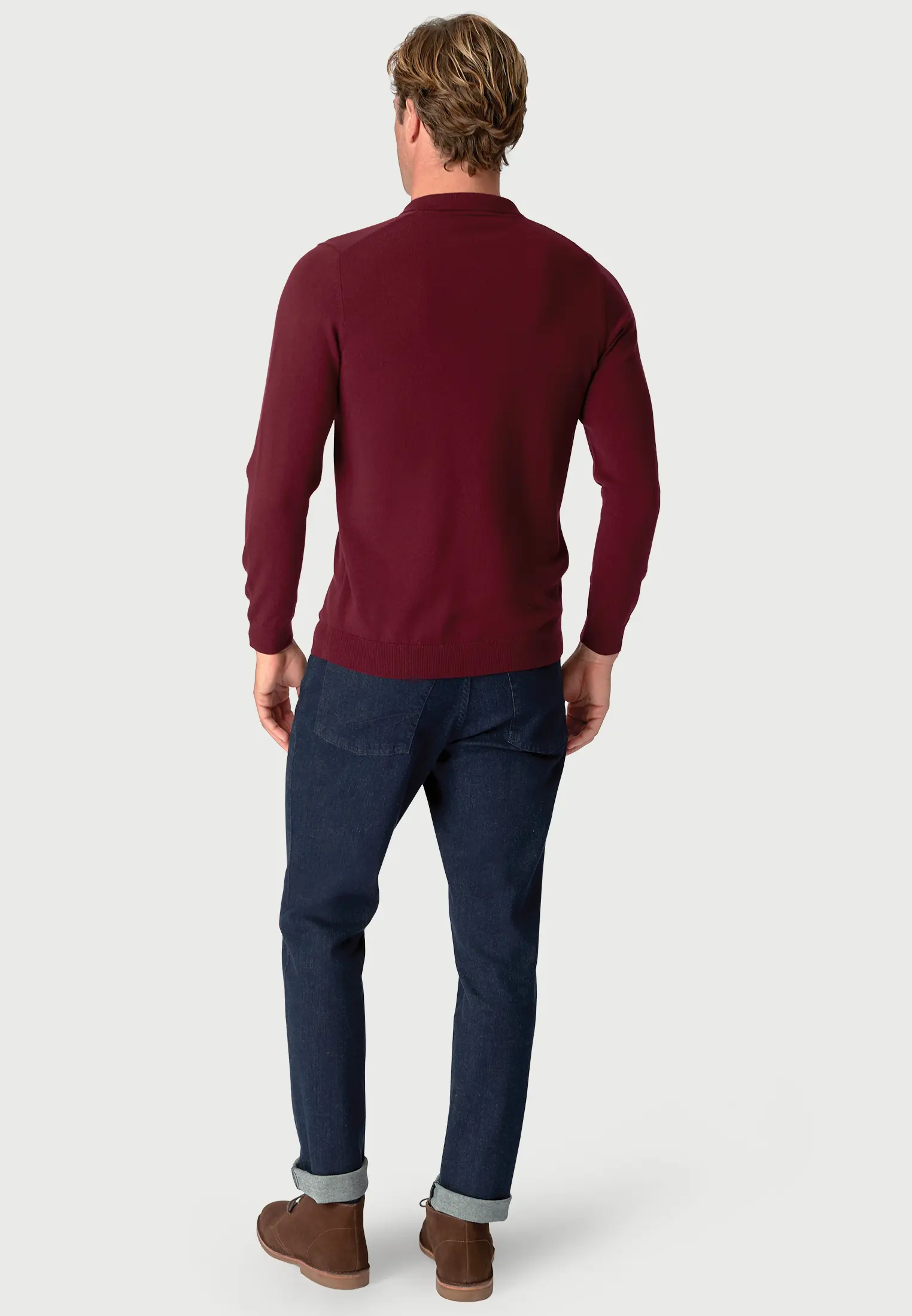 Plockton Wine Merino Wool Long Sleeve Polo Shirt - Image 2