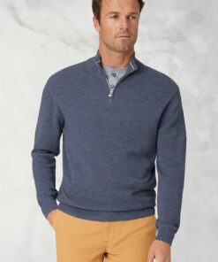 Ricky Denim Blue Pique Knit Zip Neck Jumper