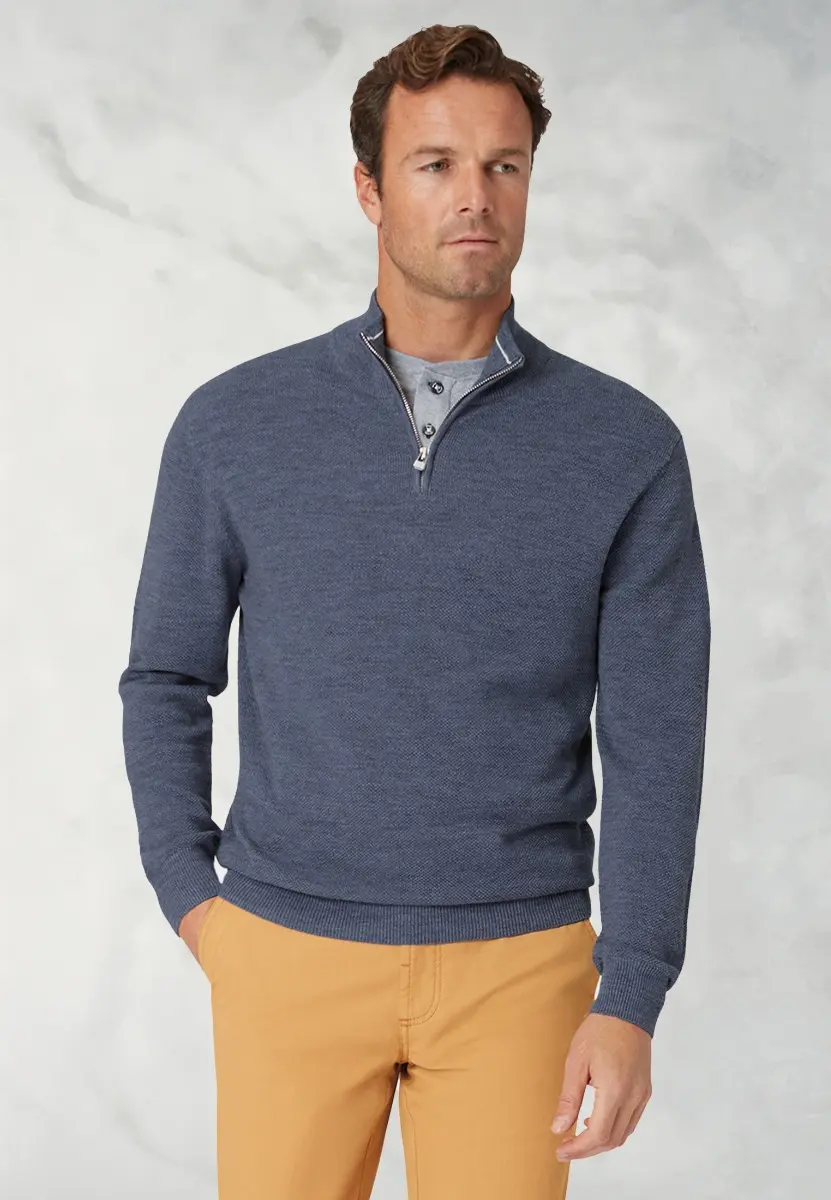 Ricky Denim Blue Pique Knit Zip Neck Jumper