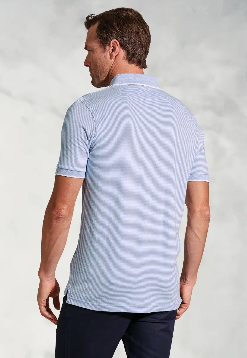 Ruffalo Sky Blue Fine Stripe Cotton Jersey Polo Shirt - Image 2