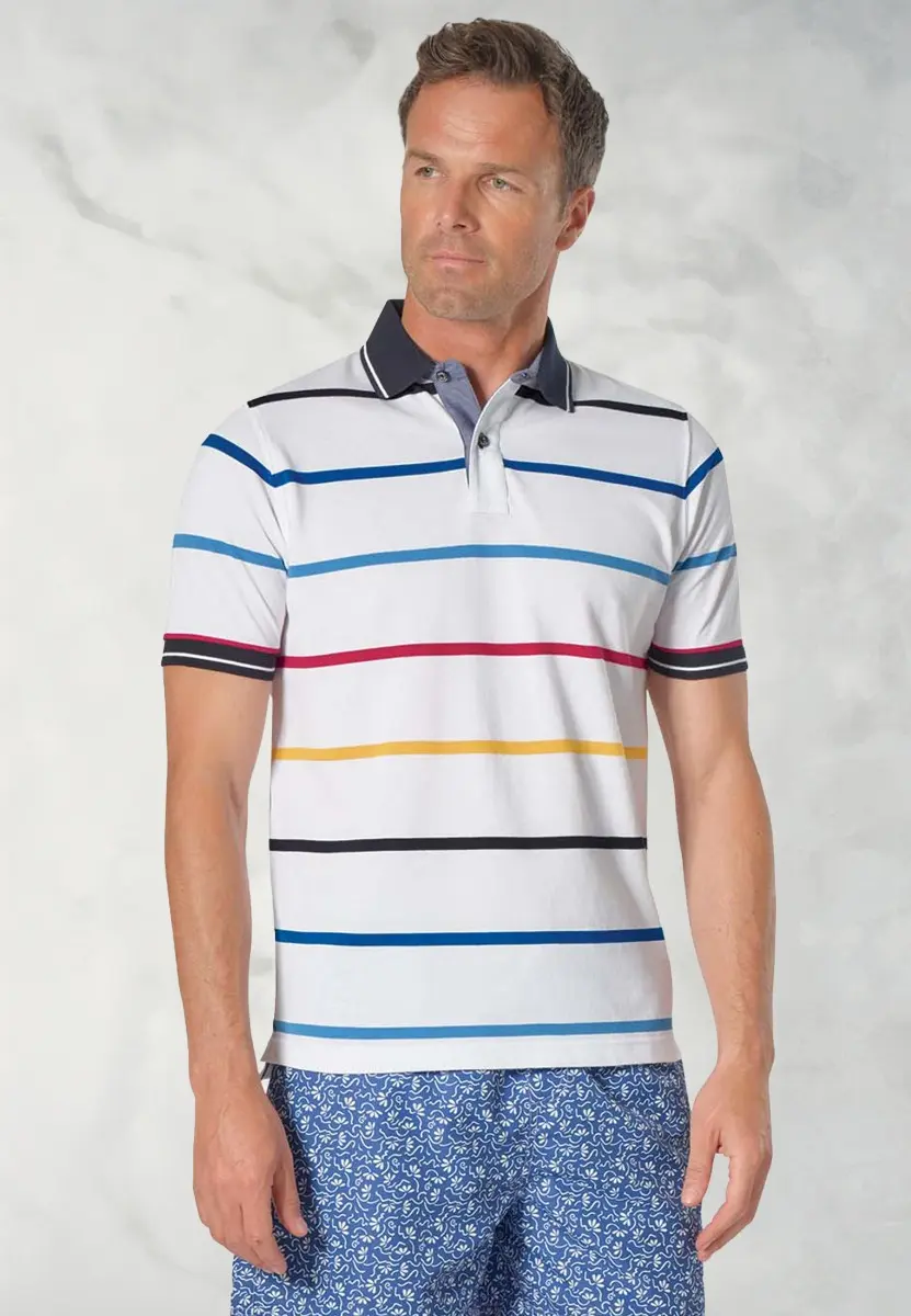 Sandham Pure Cotton White Stripe Pique Polo Shirt