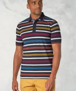 Sandham Pure Cotton Navy Stripe Pique Polo Shirt
