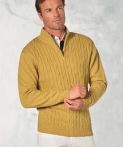 Sharpe Lemon Cotton Cable Knit Zip Neck Jumper