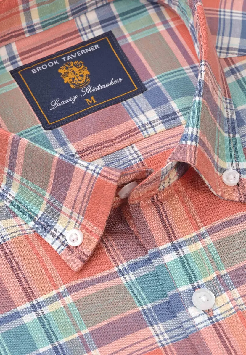 Regular Fit Salmon Check Slub Cotton Short Sleeve Shirts - Image 2