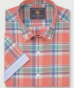 Regular Fit Salmon Check Slub Cotton Short Sleeve Shirts
