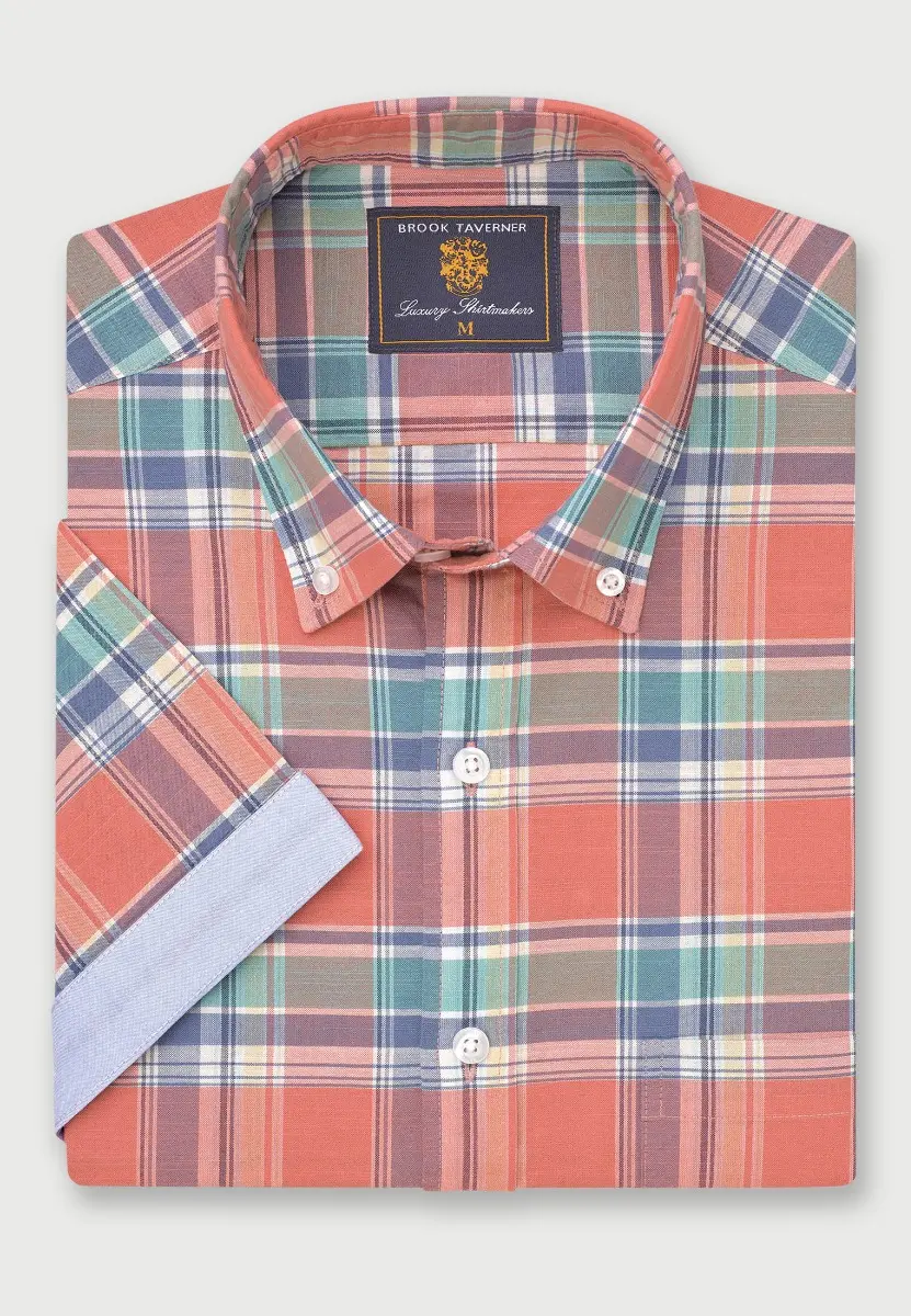 Regular Fit Salmon Check Slub Cotton Short Sleeve Shirts