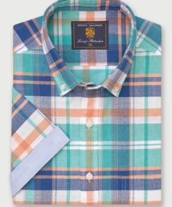 Regular Fit Mint Check Slub Cotton Short Sleeve Shirts