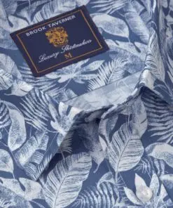 Alternative view of Regular Fit Blue Botanical Palm Print Slub Cotton Short Sleeve Shirt