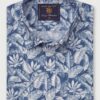 Regular Fit Blue Botanical Palm Print Slub Cotton Short Sleeve Shirt