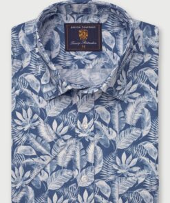 Regular Fit Blue Botanical Palm Print Slub Cotton Short Sleeve Shirt