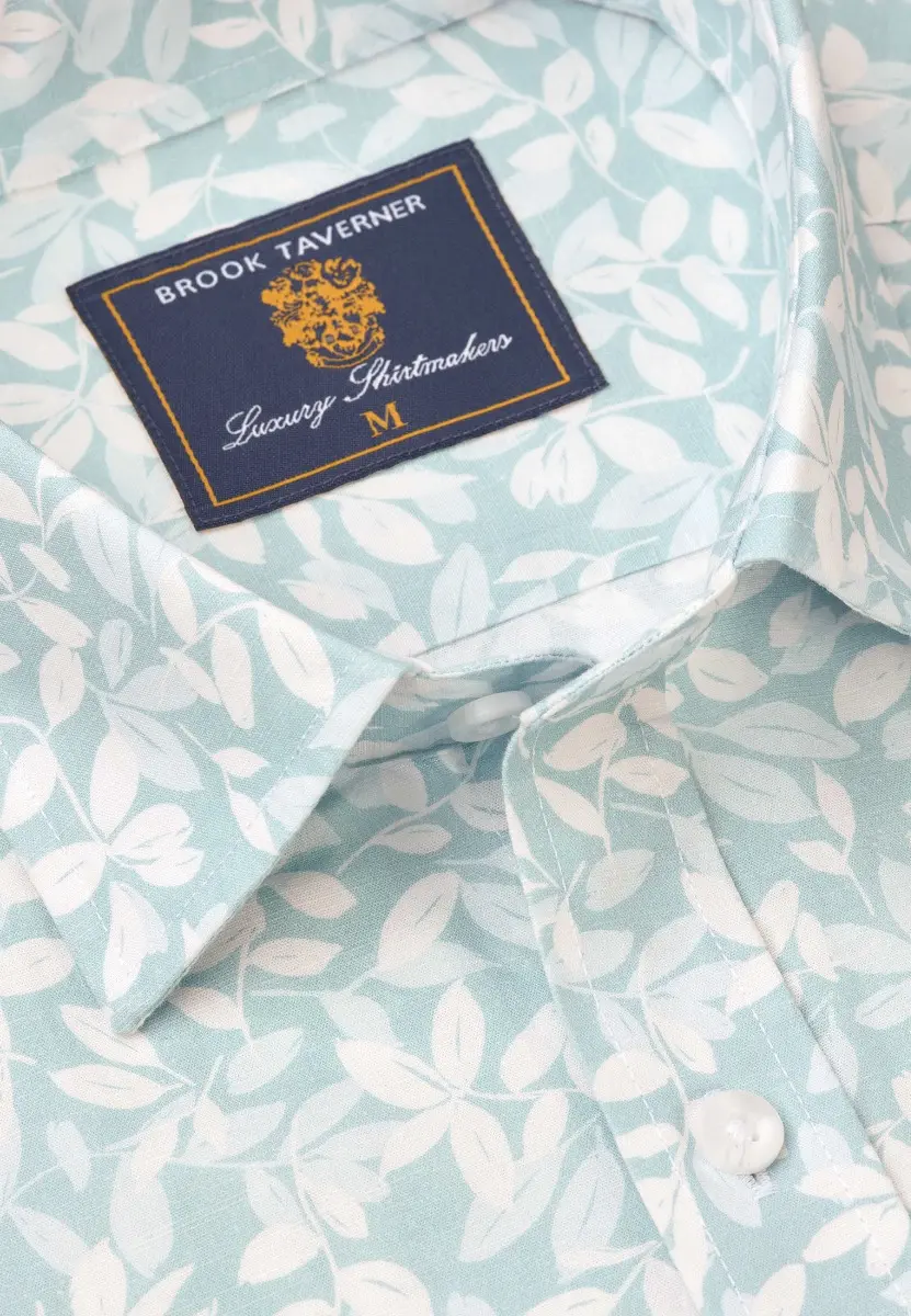 Regular Fit Mint Botanical Leaf Print Slub Cotton Short Sleeve Shirt - Image 2