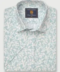 Regular Fit Mint Botanical Leaf Print Slub Cotton Short Sleeve Shirt