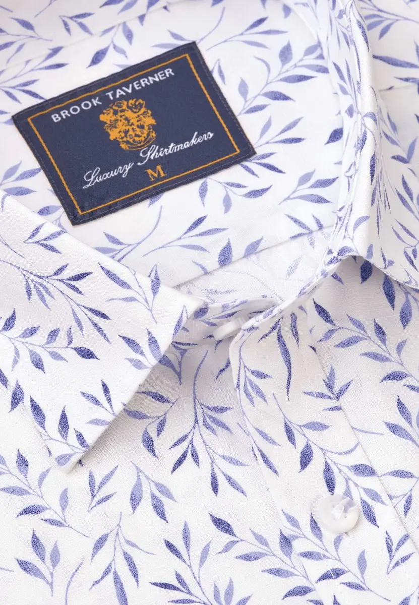 Regular Fit Blue Leaf Botanical Print Slub Cotton Short Sleeve Shirt - Image 2