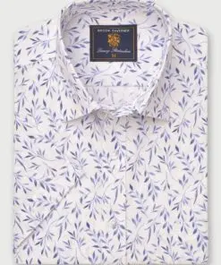 Regular Fit Blue Leaf Botanical Print Slub Cotton Short Sleeve Shirt
