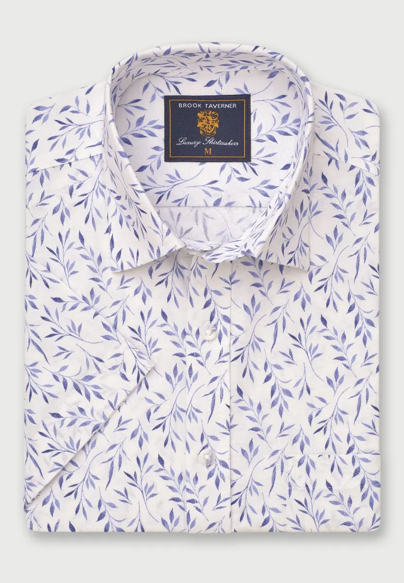 Regular Fit Blue Leaf Botanical Print Slub Cotton Short Sleeve Shirt