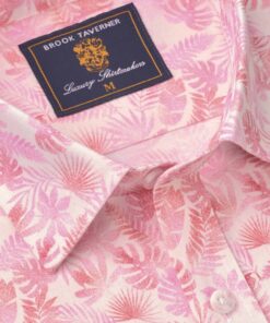 Alternative view of Regular Fit Pink Botanical Palm Print Slub Cotton Short Sleeve Shirt