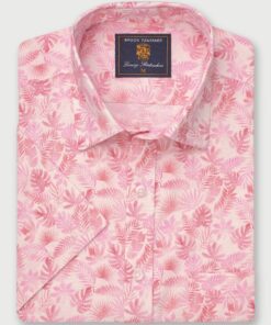 Regular Fit Pink Botanical Palm Print Slub Cotton Short Sleeve Shirt
