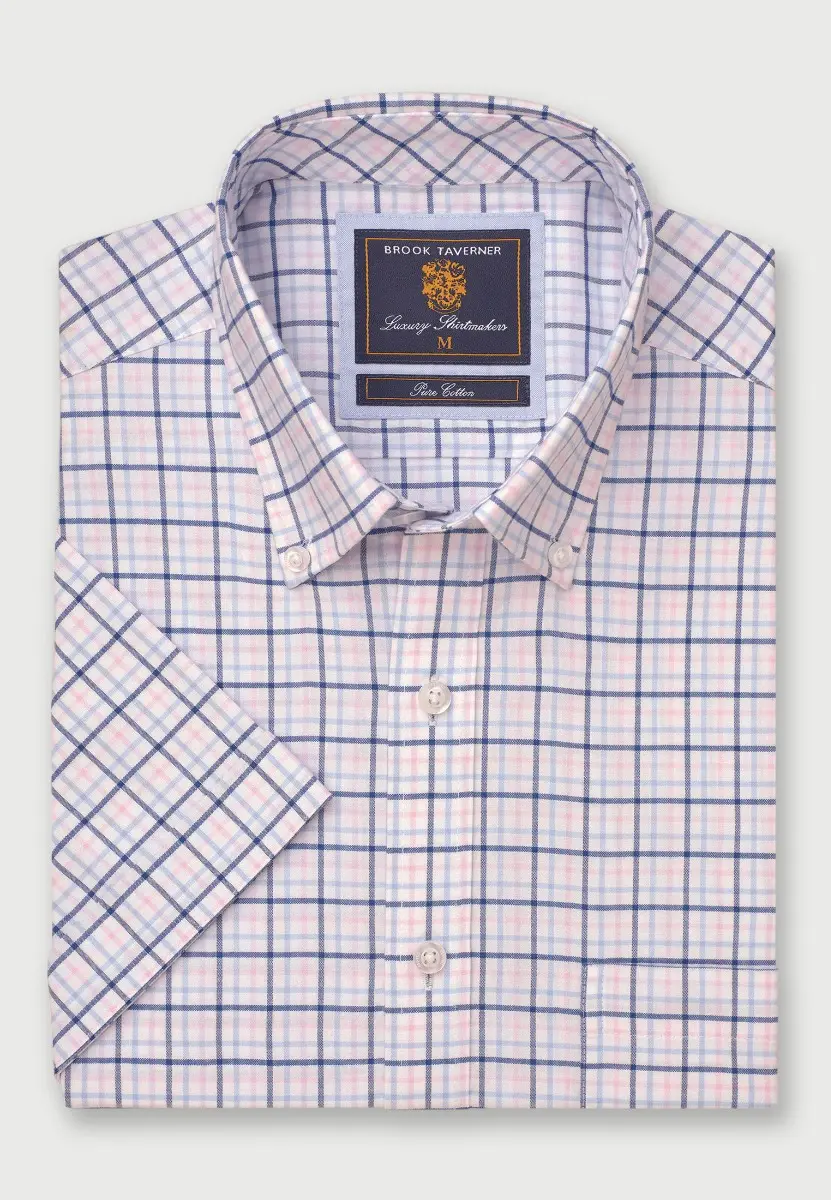 Regular Fit Pink Tattersall Check Cotton Oxford Short Sleeve Shirt