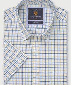 Regular Fit Lemon Tattersall Check Cotton Oxford Short Sleeve Shirt