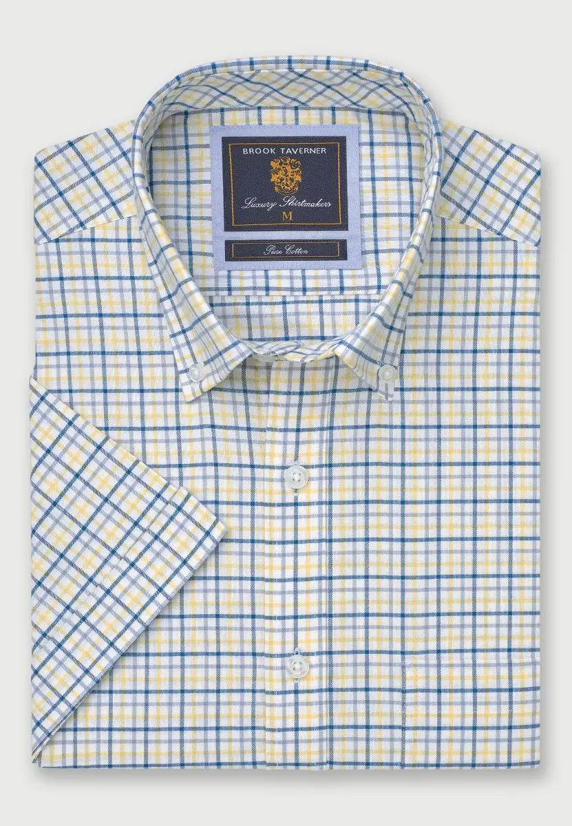Regular Fit Lemon Tattersall Check Cotton Oxford Short Sleeve Shirt