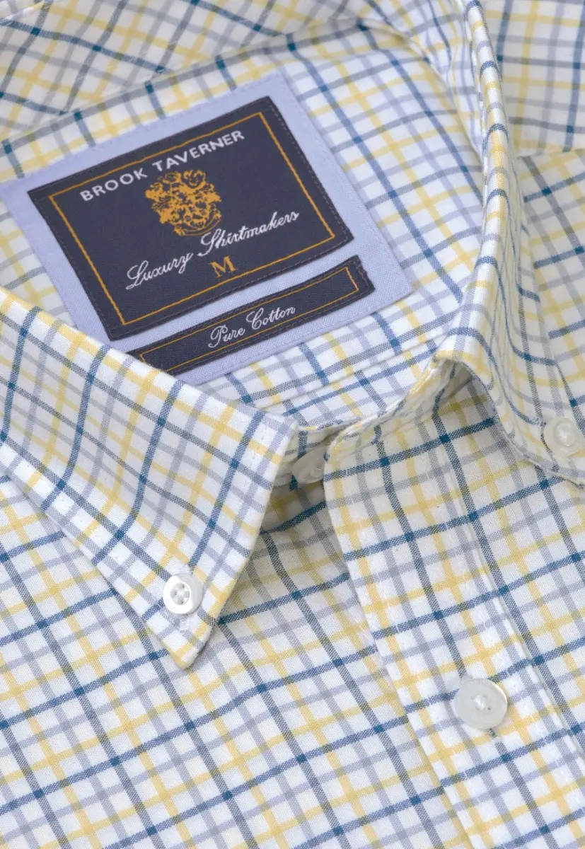 Regular Fit Lemon Tattersall Check Cotton Oxford Short Sleeve Shirt - Image 2