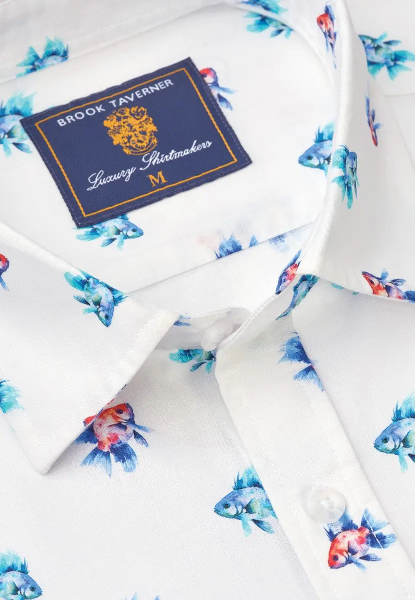 Regular Fit Aqua Tropical Fish Print Short Sleeve Shirt - Image 2