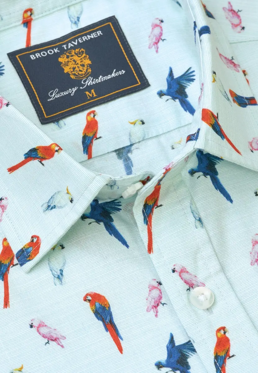 Regular Fit Mint Parrot Print Short Sleeve Shirt - Image 2