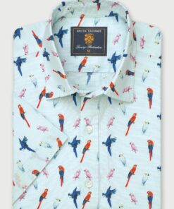 Regular Fit Mint Parrot Print Short Sleeve Shirt