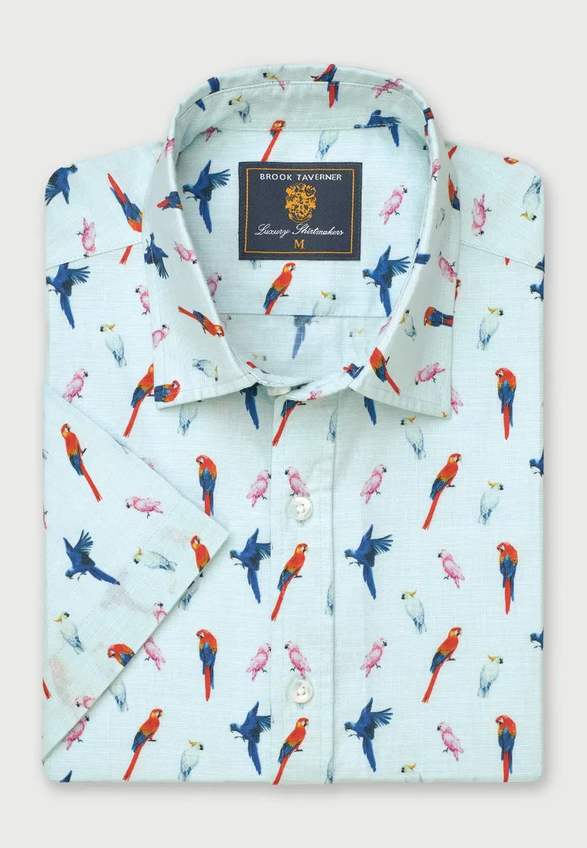 Regular Fit Mint Parrot Print Short Sleeve Shirt