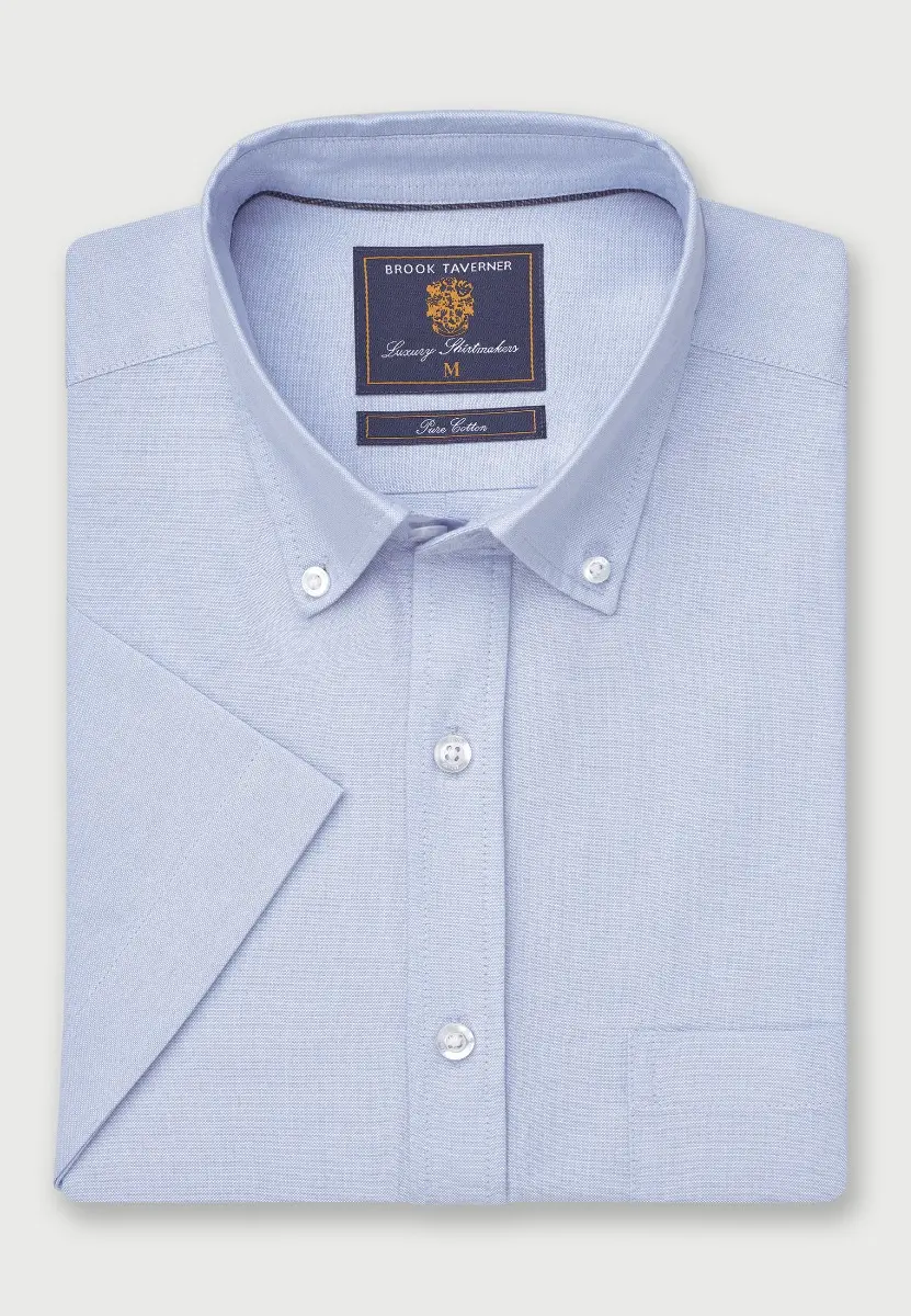 Regular Fit Sky Blue Cotton Oxford Short Sleeve Shirt