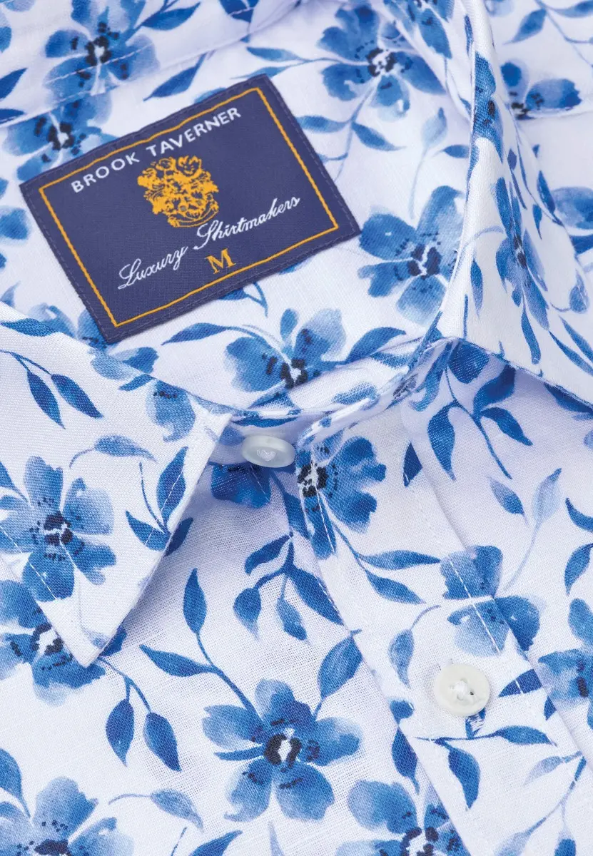 Regular Fit Blue Large Floral Watercolour Linen Cotton Shirt - Image 2