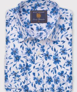 Regular Fit Blue Large Floral Watercolour Linen Cotton Shirt