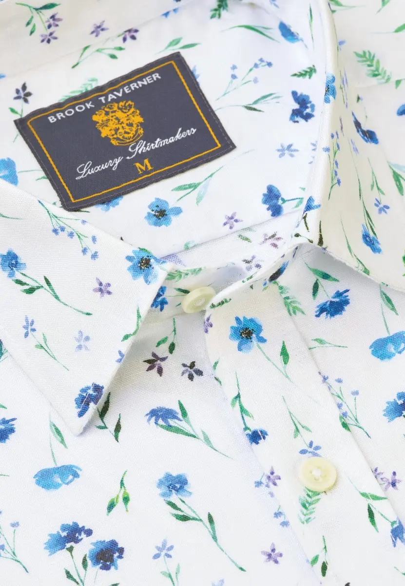 Regular Fit Blue Wildflower Watercolour Linen Cotton Shirt - Image 2