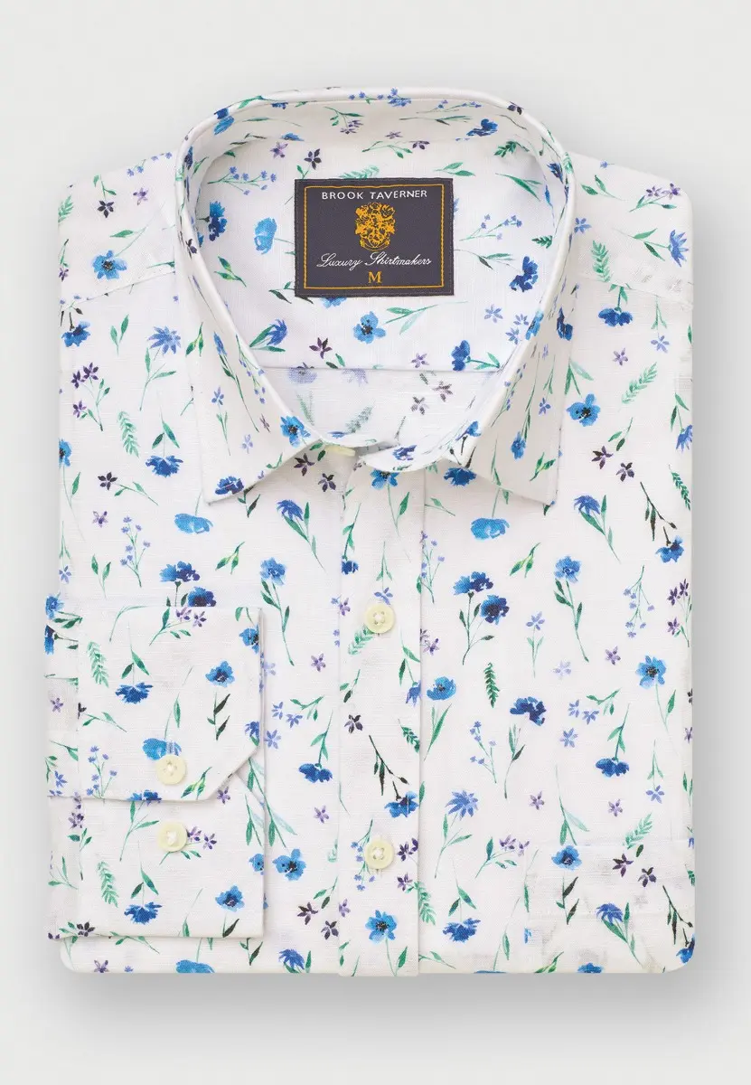 Regular Fit Blue Wildflower Watercolour Linen Cotton Shirt