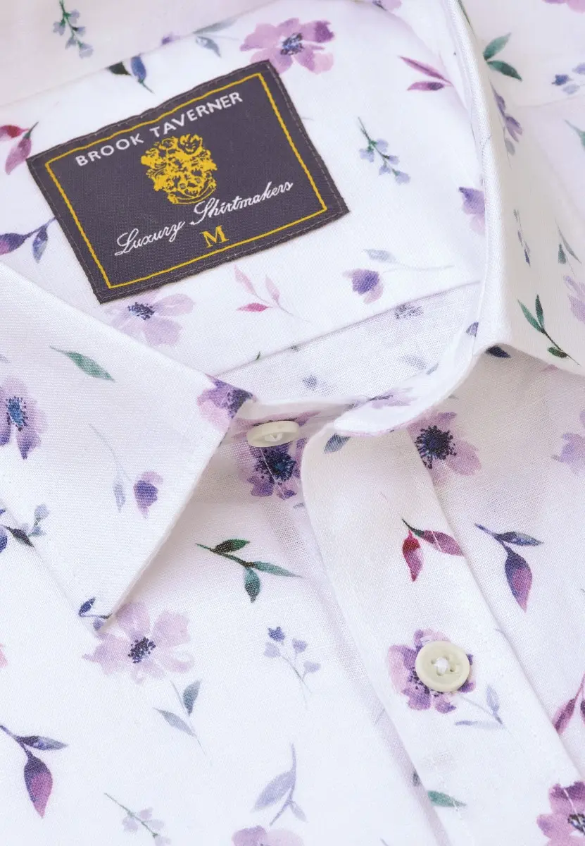 Regular Fit Lilac Poppy Watercolour Linen Cotton Shirt - Image 2