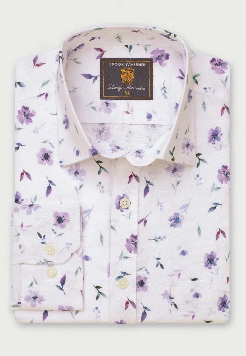 Regular Fit Lilac Poppy Watercolour Linen Cotton Shirt