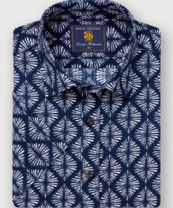 Regular Fit Navy Geometric Print Seersucker Short Sleeve Shirt